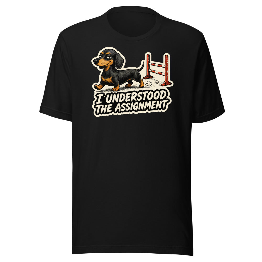 I Understood the Assignment funny dachshund shirt, cartoon wiener dog, black tee front