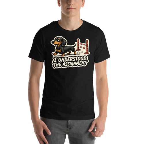 I Understood the Assignment funny dachshund shirt, black tee worn by model