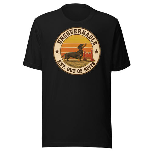 Ungovernable funny dachshund shirt, retro wiener dog badge, black tee front