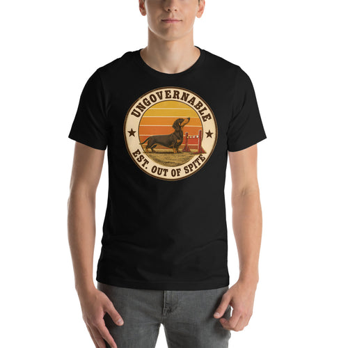 Ungovernable funny dachshund shirt, black tee worn by model