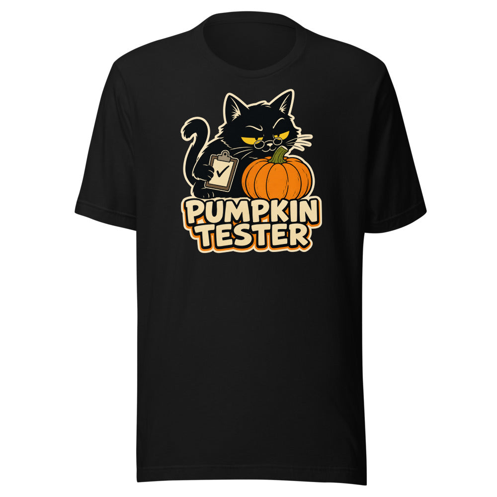 Pumpkin Tester black cat tee, front