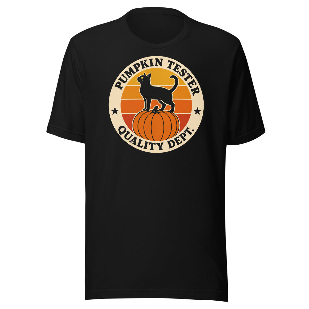 Pumpkin Tester retro badge cat tee, front