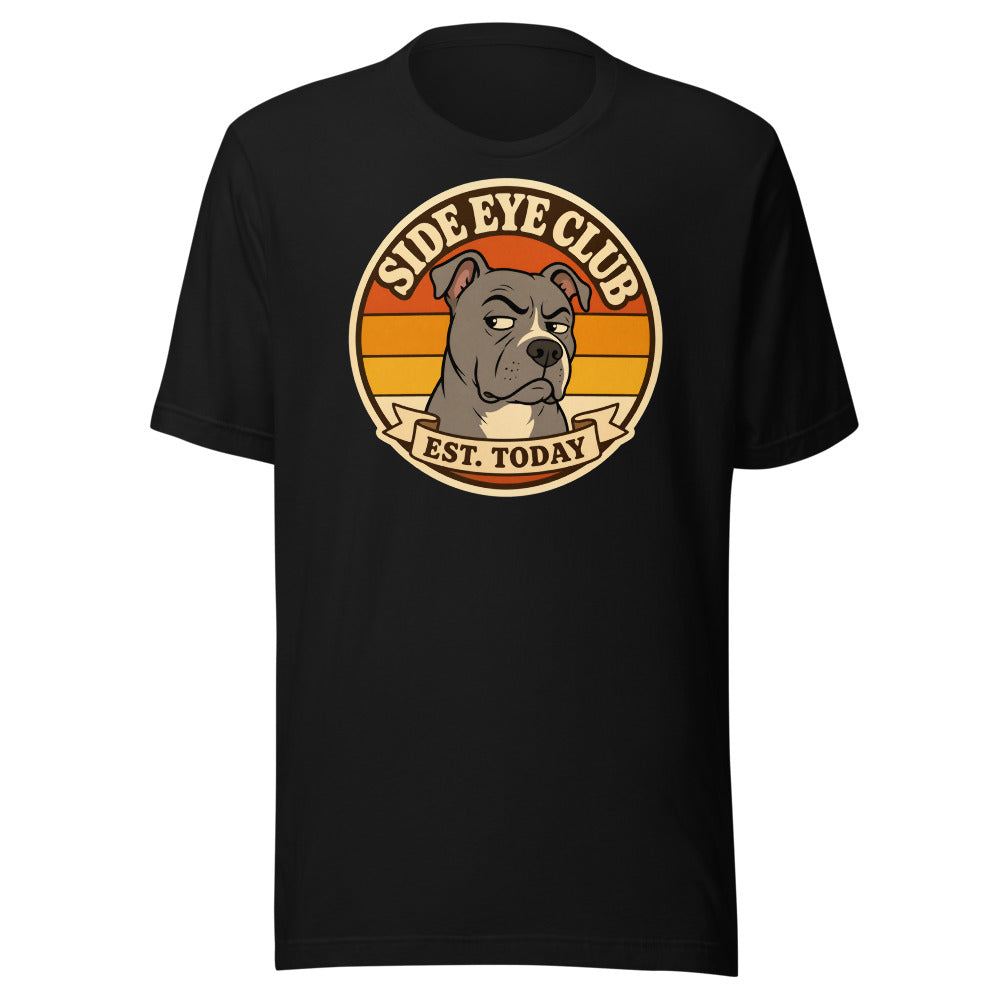 Side Eye Club retro badge tee, front