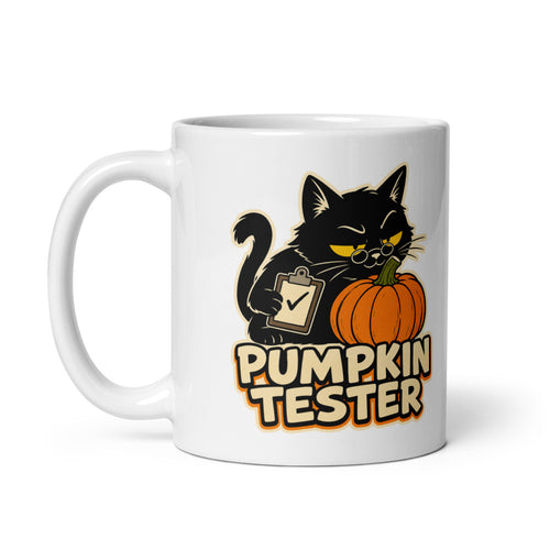 Pumpkin Tester black cat mug, handle on left