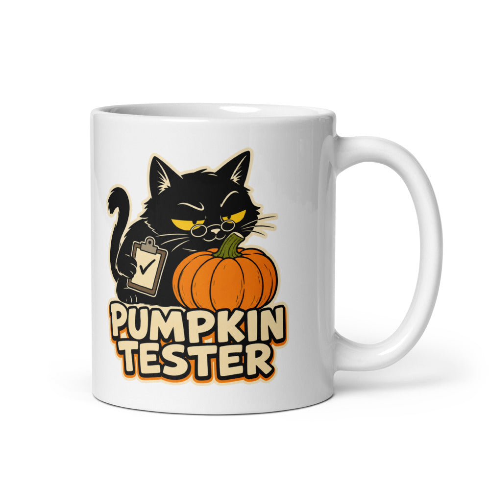 Pumpkin Tester black cat mug, handle on right