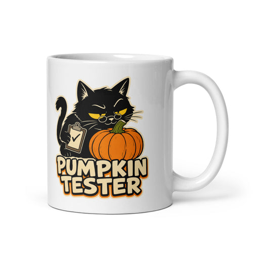Pumpkin Tester black cat mug, handle on right